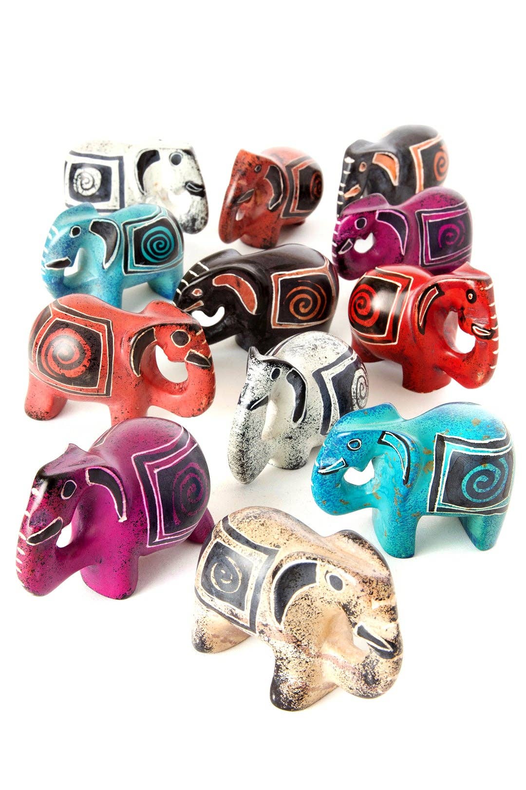 Dozen Colorful Hand Carved Soapstone Elephants