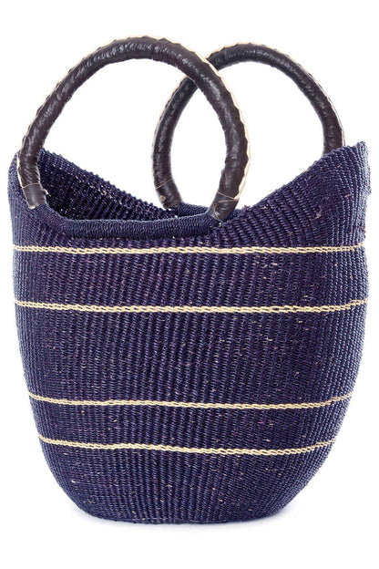 Midnight Blue Pinstripe Bolga Shopper with Leather Handles