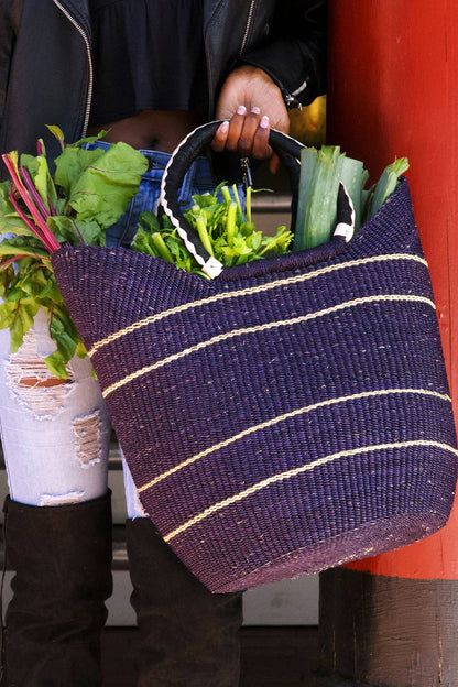 Midnight Blue Pinstripe Bolga Shopper with Leather Handles